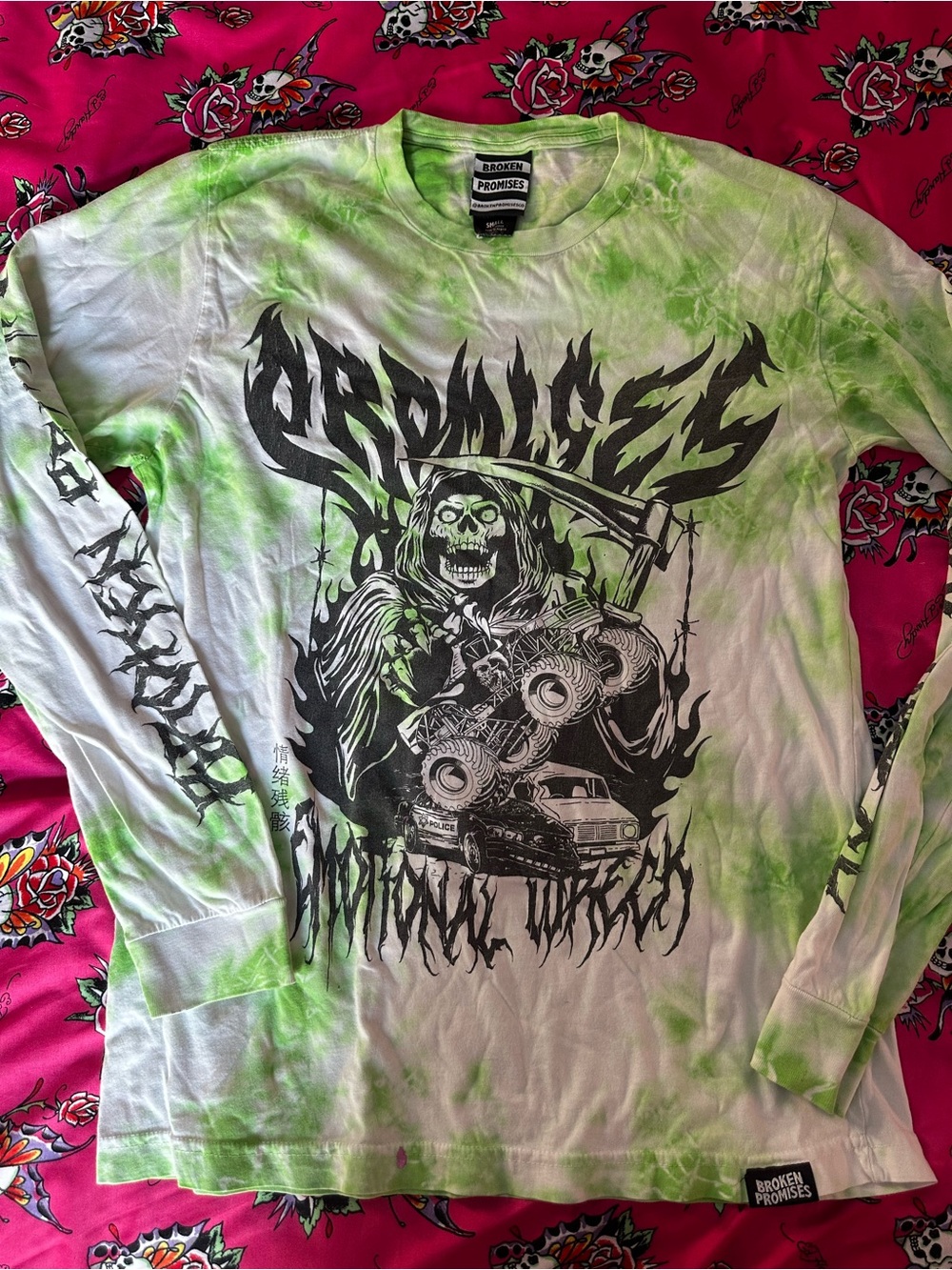 Broken Promises Lime Green Tie-Dye Skull Graphic Long-Sleeve Shirt
